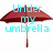 Red umbrella with cyan text overlays showing different phrases across three views.