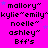A static image with a bright pink background displays repeated text in black pixelated font, including names like mallory, kylie, emily, noelle, ashley, and Bff's, with small blue stars scattered throughout.