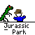 Pixelated animation of a green dinosaur attacking a person in blue clothing, with text 'Jurassic Park' below.