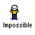 Pixel art character with white skull face, yellow shirt, teal pants, and blue-red skateboard on gray background with 'Impossible' text below.