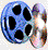 Two side-by-side pixelated film reels with black circular holes, one blue-toned and the other purple-toned, both featuring a small central white highlight.