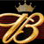 A pixelated golden monogram with a crown above it, set against dark red and black background stripes.