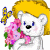 Pixelated cartoon bear with blonde hair holds pink flowers and a yellow butterfly on white background, next to green text reading Original Icons .com.