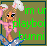 Pixel art contact sheet showing two frames of an animated icon featuring a cartoon girl with bunny ears, pink outfit, and blue shoes standing on clouds against a brown background with green text.