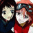 A 48x48 pixel animated contact sheet showing two anime-style characters on the left and text elements on a black background to the right, with visible dithering and pixelation typical of low-resolution AIM buddy icons.