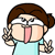 Two side-by-side animated frames of a cartoon character with brown hair in a bun, light blue shirt, and exaggerated facial features making peace signs with both hands while sticking out tongue.