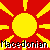 Red background with yellow sunburst patterns and two large central circles, text reading "Macedonian Macedonian" at bottom.