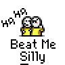 Animated contact sheet of a pixel art buddy icon showing two stick figures in yellow outfits with changing facial expressions and poses across seven frames, accompanied by "HA HA" text above and "Beat Me Silly" text below on gray background.