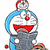 Doraemon character with blue body, red nose, and gray tail; white rabbit-like figure with closed eyes and brown ears; person in red jacket and black hat with emblem