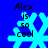 Blue background with four identical pixelated snowflakes, each overlaid with black text reading "Alex is so cool" in a blocky font.