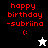 Pixelated red text 'happy birthday -subriina :(' on black, white, and gray backgrounds with a star icon changing from white to black.