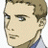 Pixelated anime-style portrait of a light-skinned male with short brown hair, blue eyes, and a neutral expression, set against a black background with white text.