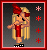 Pixel art of a blonde woman in red attire holding her hand to her face, framed by red and pink borders with star-like symbols on the right.