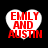 Four heart-shaped icons with red text "EMILY AND AUSTIN" on white hearts against black background, each with distinct pixelation and edge blur variations.