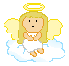Pixelated angel with blonde hair, golden halo, and yellow wings sits on a cloud in three variations showing different leg positions.