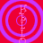 Red background with four purple concentric circles, each containing vertical pink text reading "HELLO" and a small curved shape below.