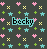 Animated icon with dark gray background featuring pink hearts, yellow X's, green plus signs, and cyan stars; text 'becky' appears in four different colored outlines across frames.