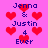 Pixelated pink background with red hearts and blue text reading "Jenna & Justin 4 Ever" in a repeating pattern.