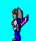 Pixelated character in blue armor with red eyes and a striped sword, shown in multiple walking and crouching poses against a cyan background.