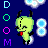 Pixelated green creature with black horns, red tongue, and closed eyes appears in a of blue background elements including clouds and letters