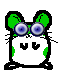 Pixel art hamster character with green ears and white body, wearing blue goggles in various poses including front-facing, side views, and back view.