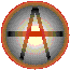 Circular icon with orange border containing stylized 'A' symbol over crosshair, light gradient background.