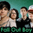 Four individuals stand side-by-side against a teal background with green text reading 'Fall Out Boy' at the bottom.