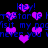 Pixelated blue text and purple hearts on black background with repeated phrases.