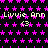Pixelated icon with repeating text and symbols on a black background with pink stars.