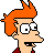 Pixelated cartoon character with orange spiky hair, large white eyes with black pupils, and a red shirt; mouth changes from open to closed expression.