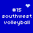Blue background with white pixelated text and symbols; four identical display "#15 southwest volleyball" with a heart symbol above the top-left and a starburst symbol above the top-right