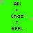 Green background with repeated text 'Alli + Chaz = BFFL' and scattered pink and gray stars, some stars animate to change color.