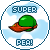Circular icon with light blue sky background, white clouds, and pixelated text "SUPER PEA!" above and below a green spherical object on an orange base.
