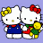 Two Hello Kitty characters in pixel art style with one holding a flower, next to green text on dark background.