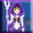 Pixelated character in purple hooded cloak holding white staff against blue background