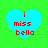 Four identical blue hearts on a green background, each containing red text reading 'i miss bella' with a small red dot above the 'i'.