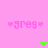 Pink background with four instances of 'greg' text flanked by hearts, and green heart symbols in different positions across frames.