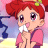 Pixelated anime-style character with red hair and pink clothing holding a white object, next to black background with white text.