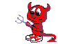 Red devil character with horns, tail, and pitchfork in various poses on gray background.