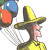 A 50x50 pixel animated buddy icon featuring a cartoon character in yellow attire with a wide-brimmed hat, holding balloons against a white background on the left frame and green text "Original Icons .com" on the right frame.