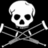 Pixelated white skull with black eye sockets and nasal cavity, crossed bones on black background, static image.