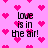 Pixelated pink background with scattered heart shapes and repeated text 'love is in the air!' in black block letters.