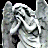 Pixelated static icon of a white and gray angel-like figure with wings, holding a harp against black background.
