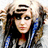 Pixelated image of a person with light brown hair and blue streaks on dark background, accompanied by pink text reading 'this lady looks funny' in four separate segments.