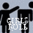 Pixelated black silhouettes of two figures with one figure's arm extended toward the other, overlaid by white text reading "GIRL RULE" on a light gray background.