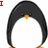 Four pixelated penguin icons arranged in a , each with black curved wings, white body, orange beak, and orange feet, with red text overlays in different positions