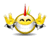 Animated yellow circular character with red-and-green antenna, white mouth text, and raised hands in multiple poses.