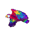 A colorful parrot avatar in multiple flying poses with wings spread, head turned left, and body angled right against a gray background.