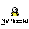 A contact sheet of 10 animated frames showing a pixelated stick figure in yellow clothing with speech bubbles containing text variations like "Ma' Nizzle!" and "WHOSE/NIPPLE?" against a gray background.