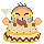 Pixelated character with closed eyes, yellow flower earrings, and a crown holds a martini glass above a layered cake with red decorations.